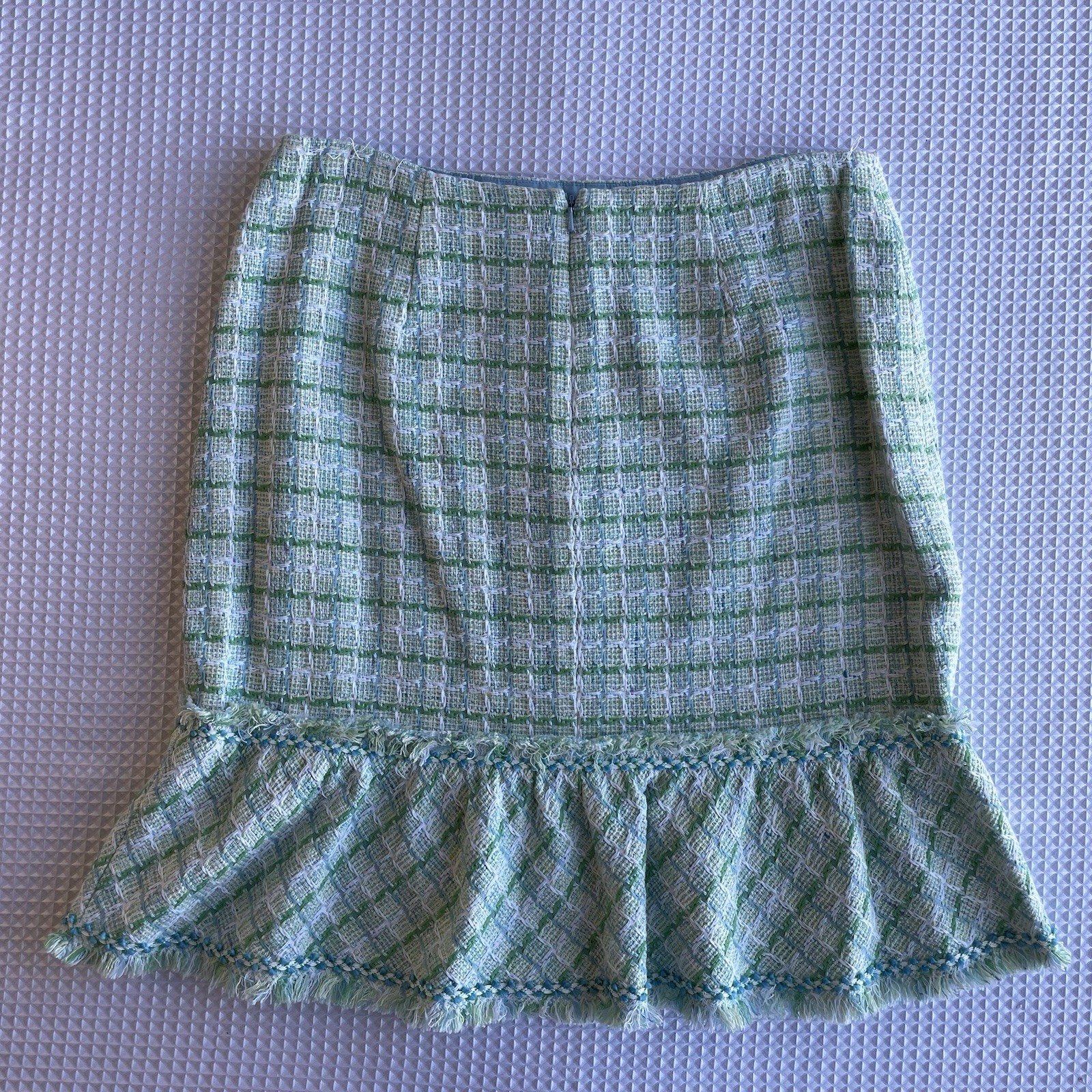 Kay Unger New York Tweed Jacket Skirt Suit | Fringe Trim | Pastel Green Sz 12