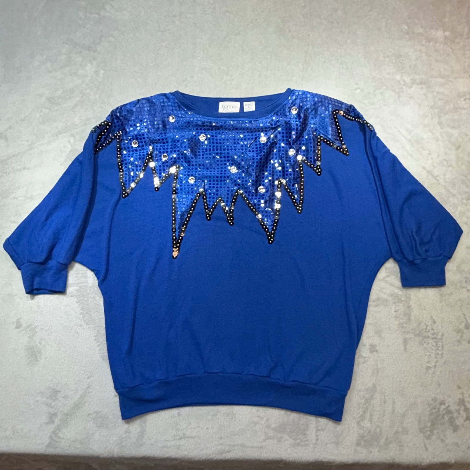 Vintage 80s Royal Blue Sequin Batwing Top Rhinestone Sparkle Party Shirt Large