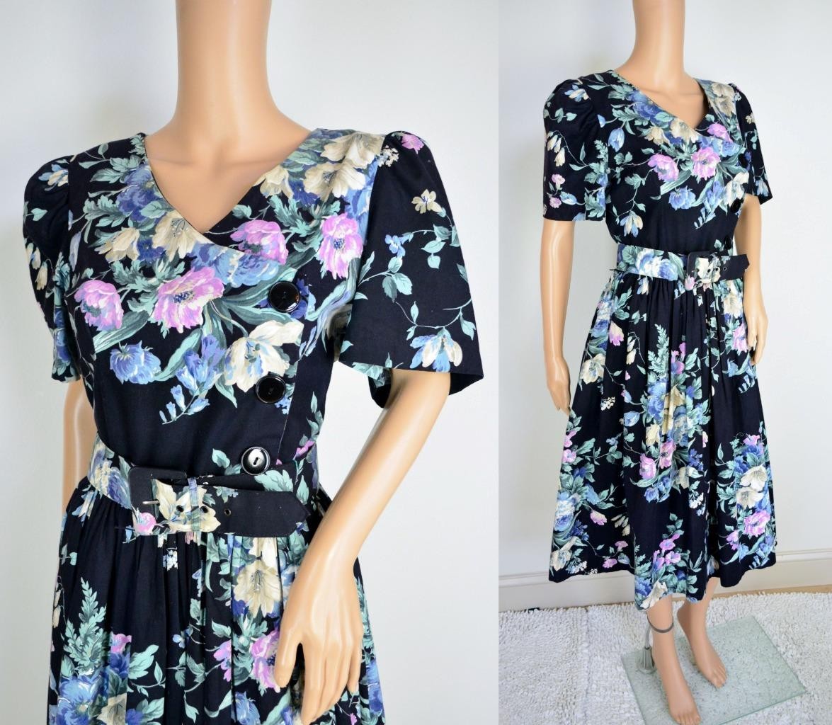 VTG 80s S.L. Fashions Blk Floral Revival Cottagecore Full Skirt Tea Party Dress