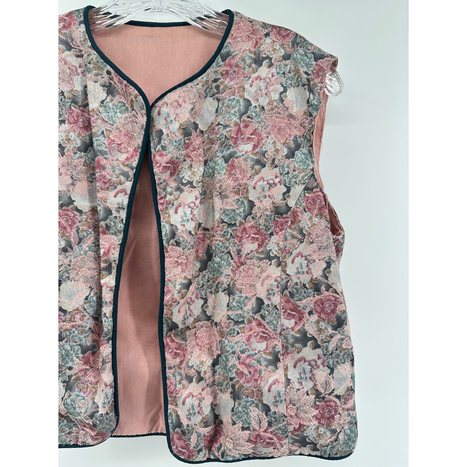 Vintage Handmade Floral Tapestry Vest Pink Rose Brocade Open Front Cottagecore