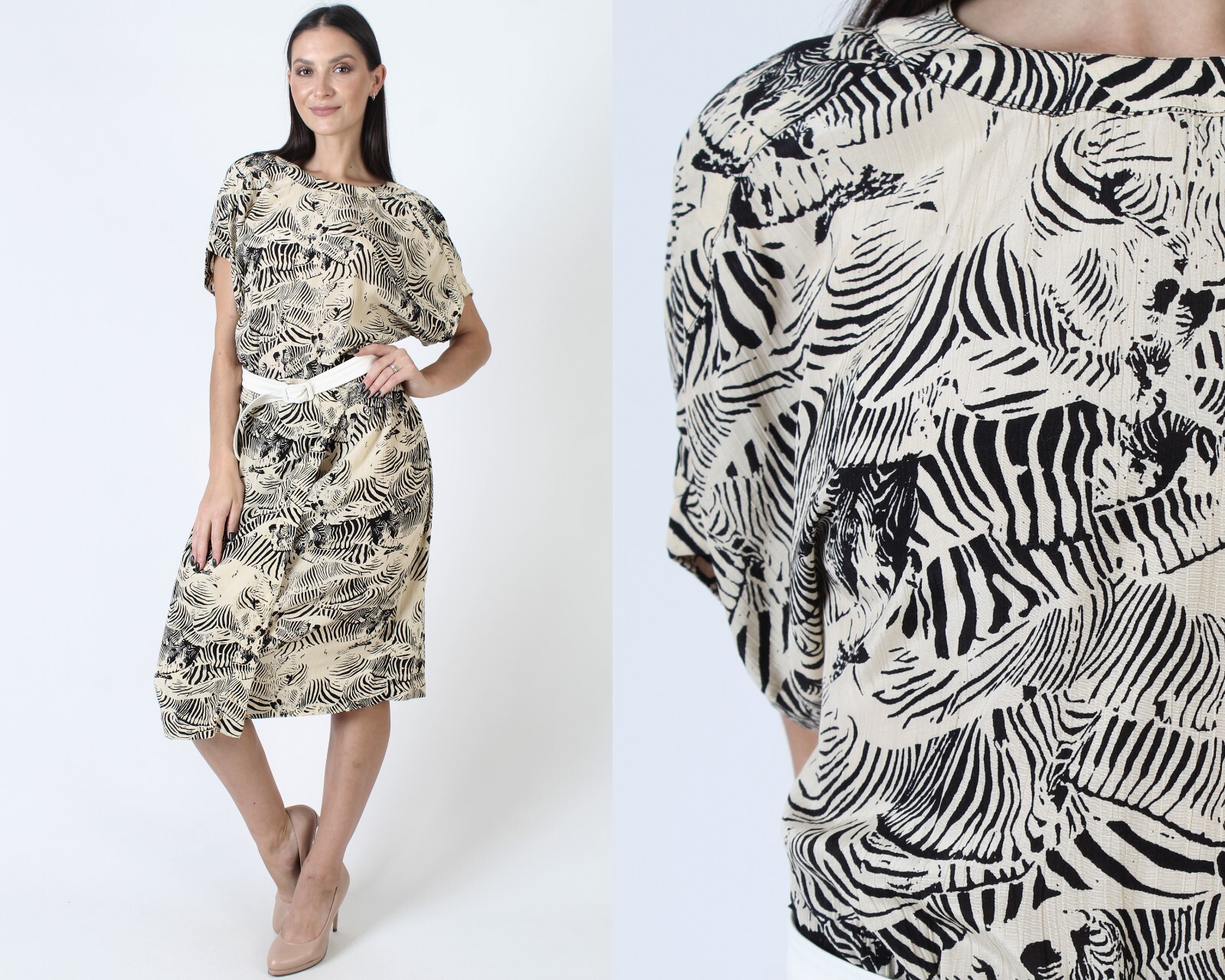 Vintage Liz Claiborne Animal Print Dress Zebra Striped Casual Wear To Work Midi