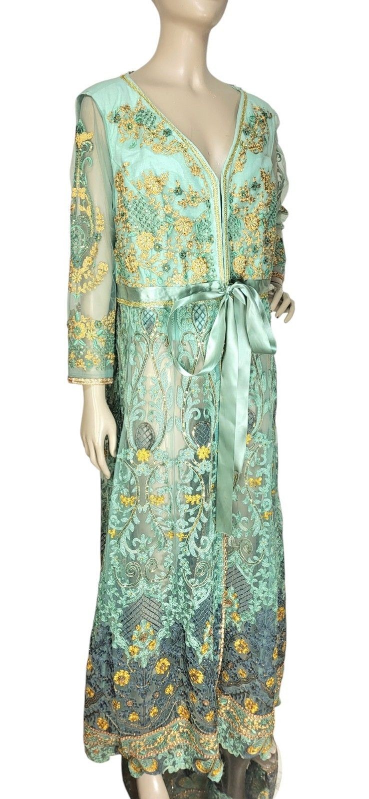 VTG Lace Tulle Metallic Gold Embroidered Bead Embellished Duster Belted Jacket