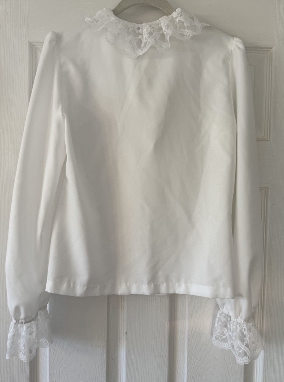 Vintage Alice Stuart Button Up Lace Trim Long Sleeve Blouse 60s 70s XS/S