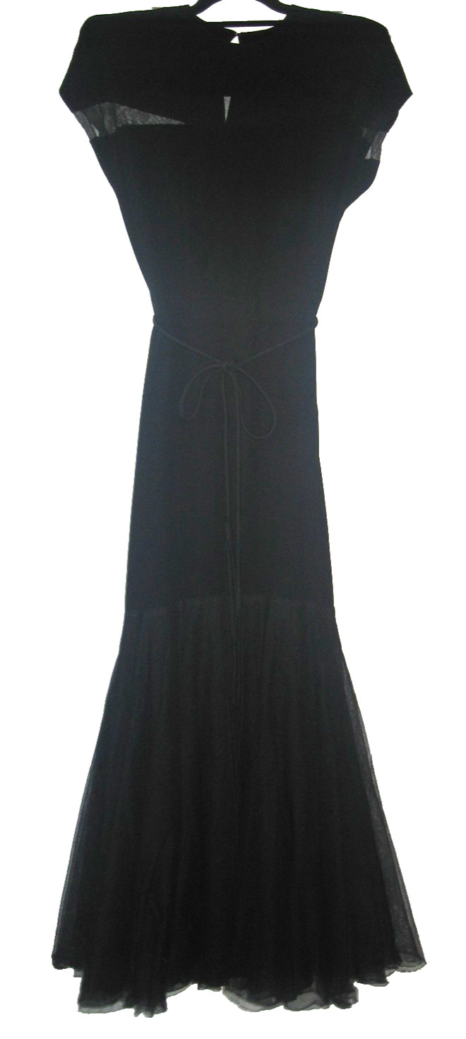 VtG 50s Black Crepe Mesh Cut-Out Layered Ruffle Tulle Skirt Party Dress Gown S
