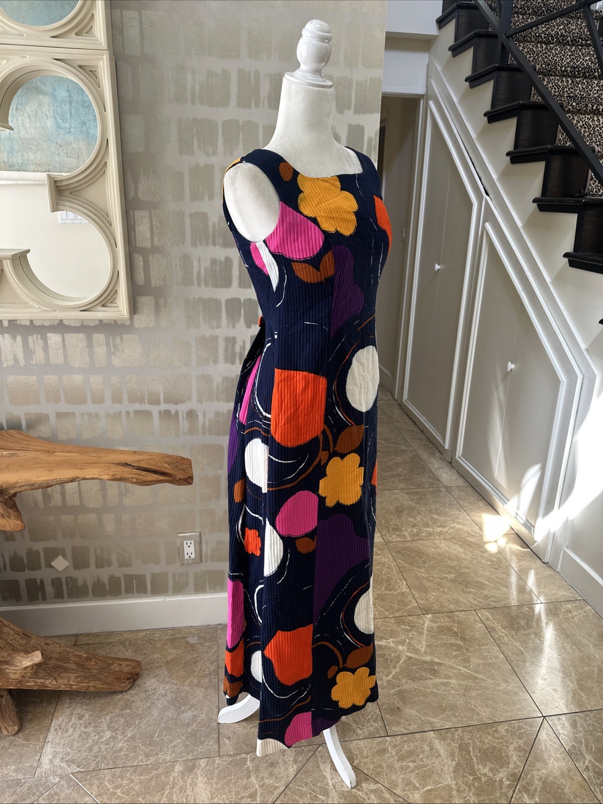 Tori Richard 70s Thick Ribbed Cotton Groovy Graphic Print Paneled Maxi Dress S