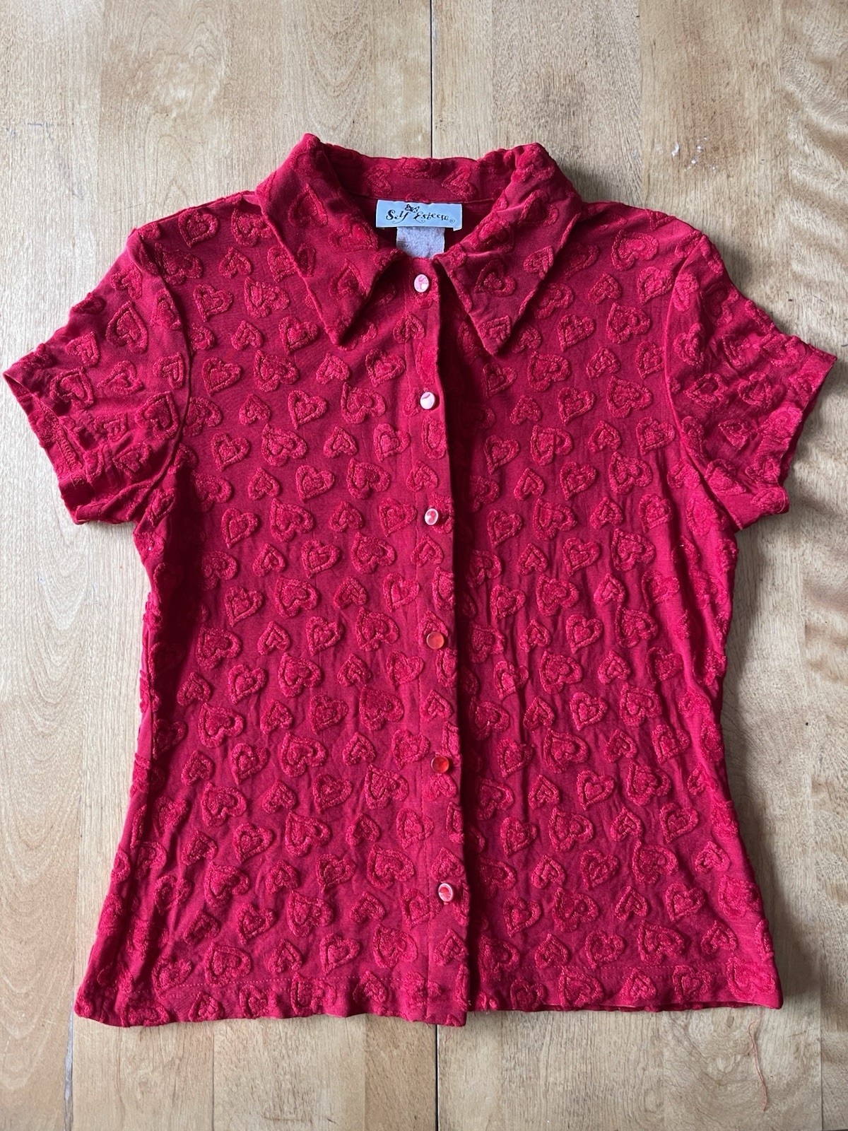 Vintage 90s Self Esteem Heart Print Button Shirt Size Large Valentines Day Y2K
