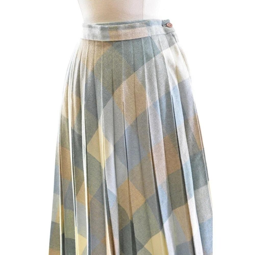 70s Vintage Wool Plaid Skirt Light Blue A Line Accordion Pleat Womens S Pastel