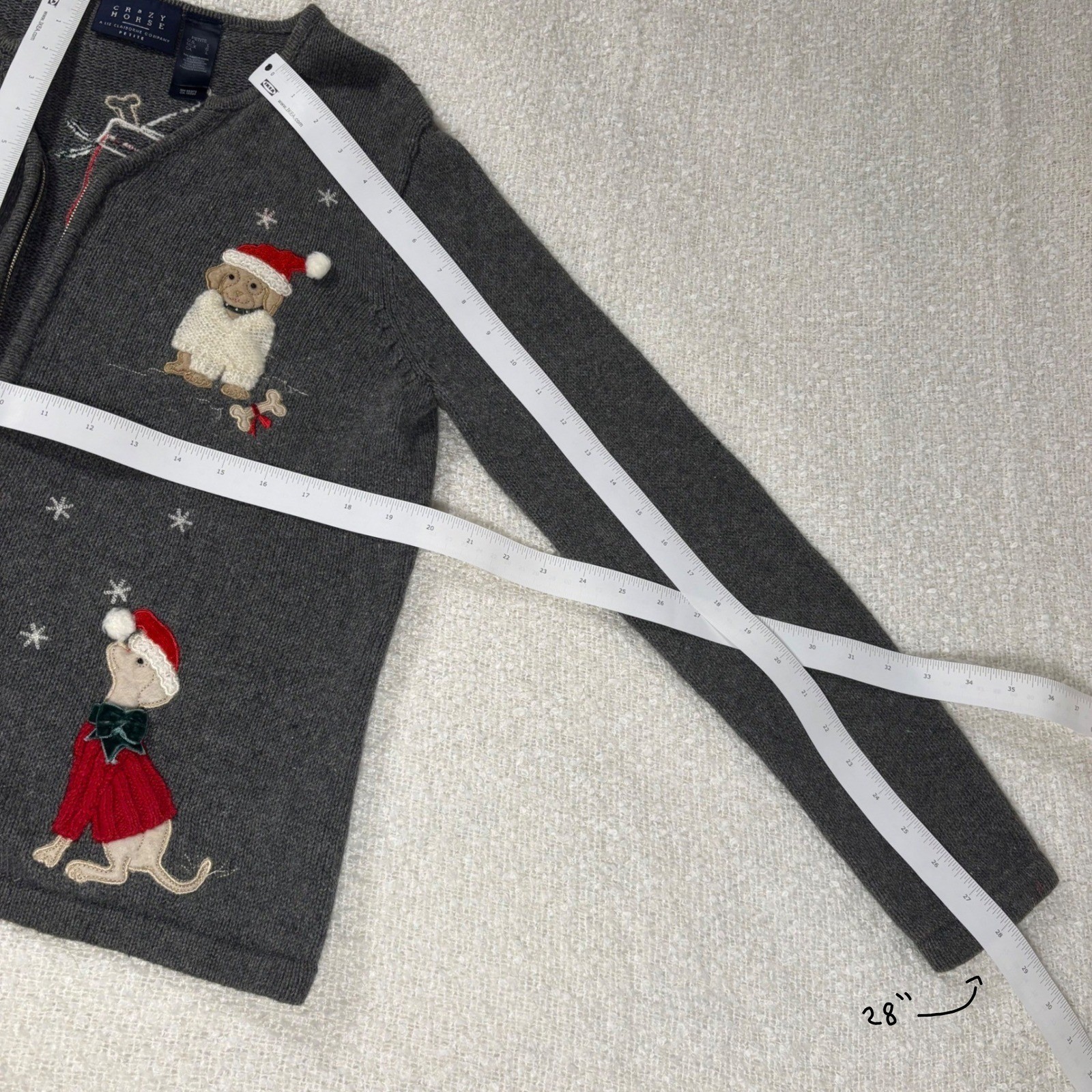 vintage 90s crazy horse liz clairborne ramie knit gray christmas puppy cardigan