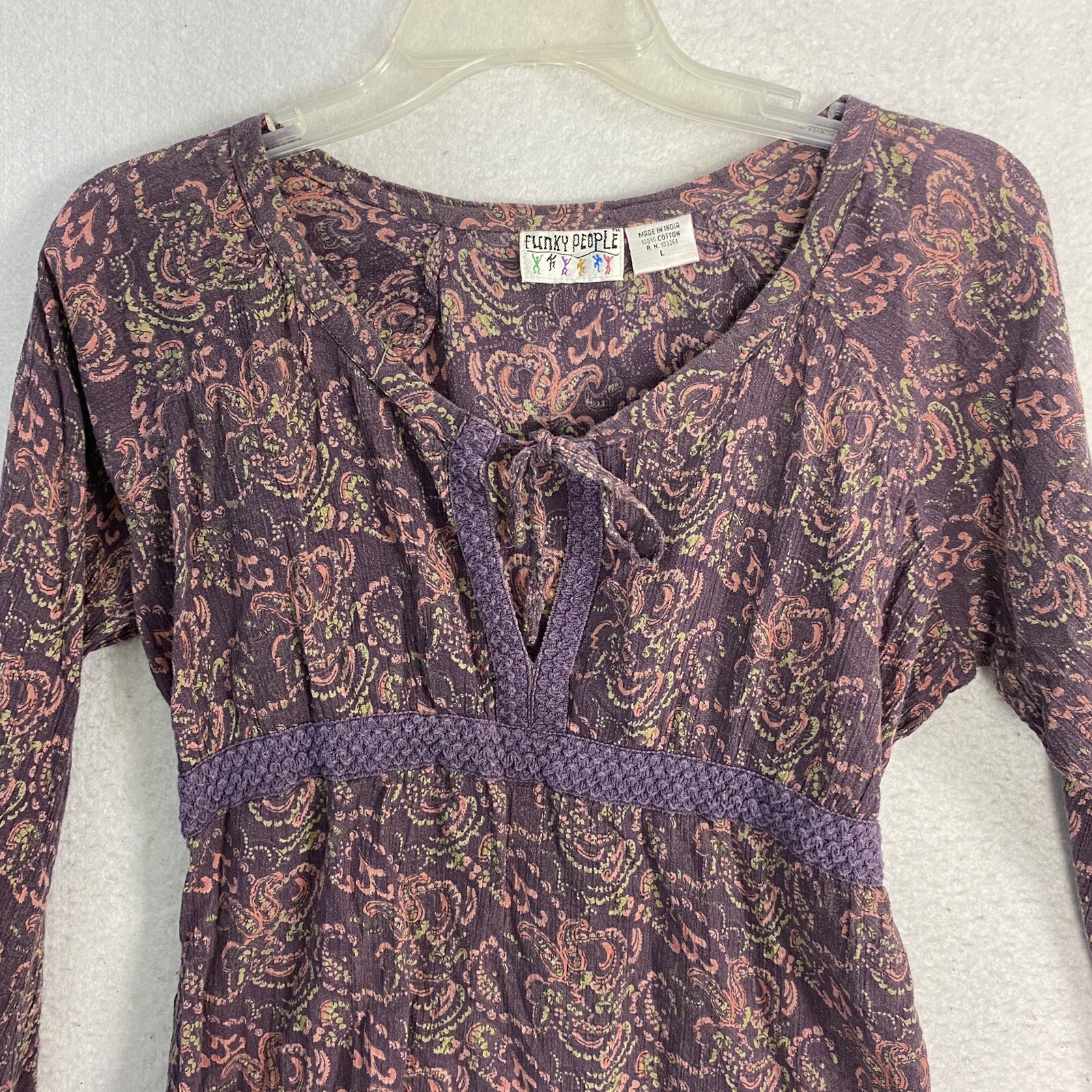 VTG Boho Peasant Balloon Sleeve Gauze Top L Purple Paisley 90s Blouse