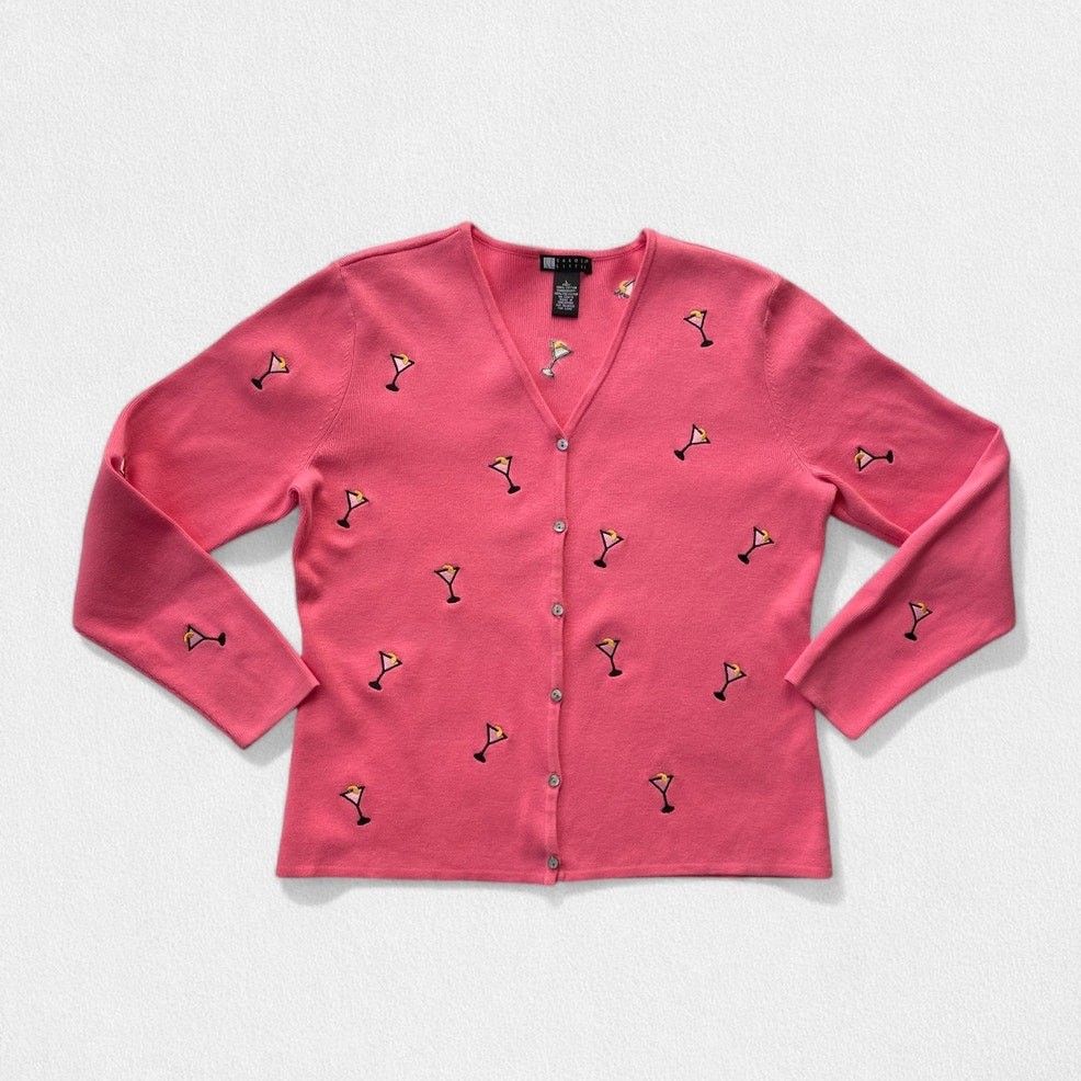 Vintage Martini Cardigan Embroidered Martini Motif Carole Little Cotton Sz L