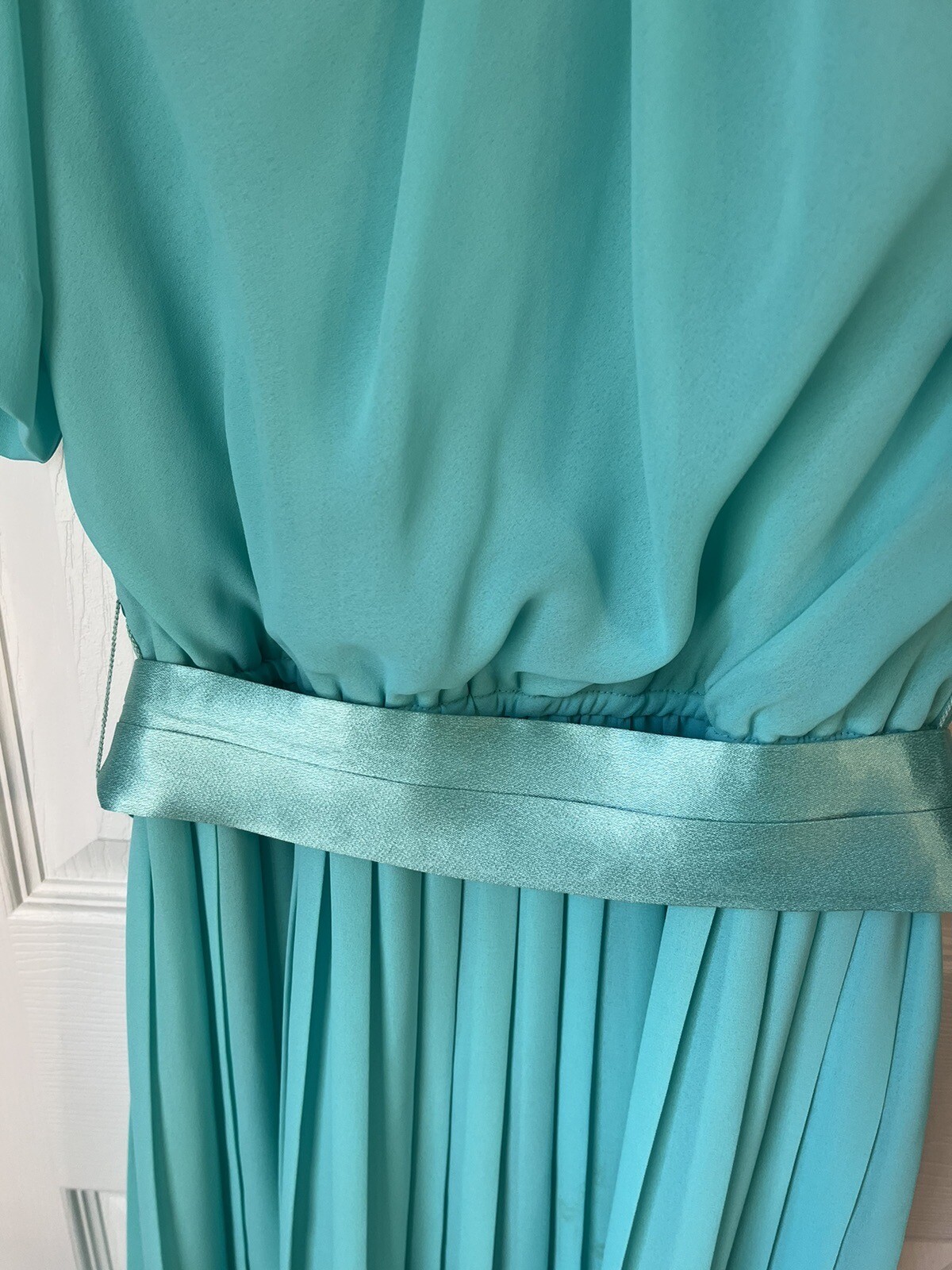 Vintage Short Sleeve Blouson Dress Accordion Pleat Shawl Collar Small/med Satin