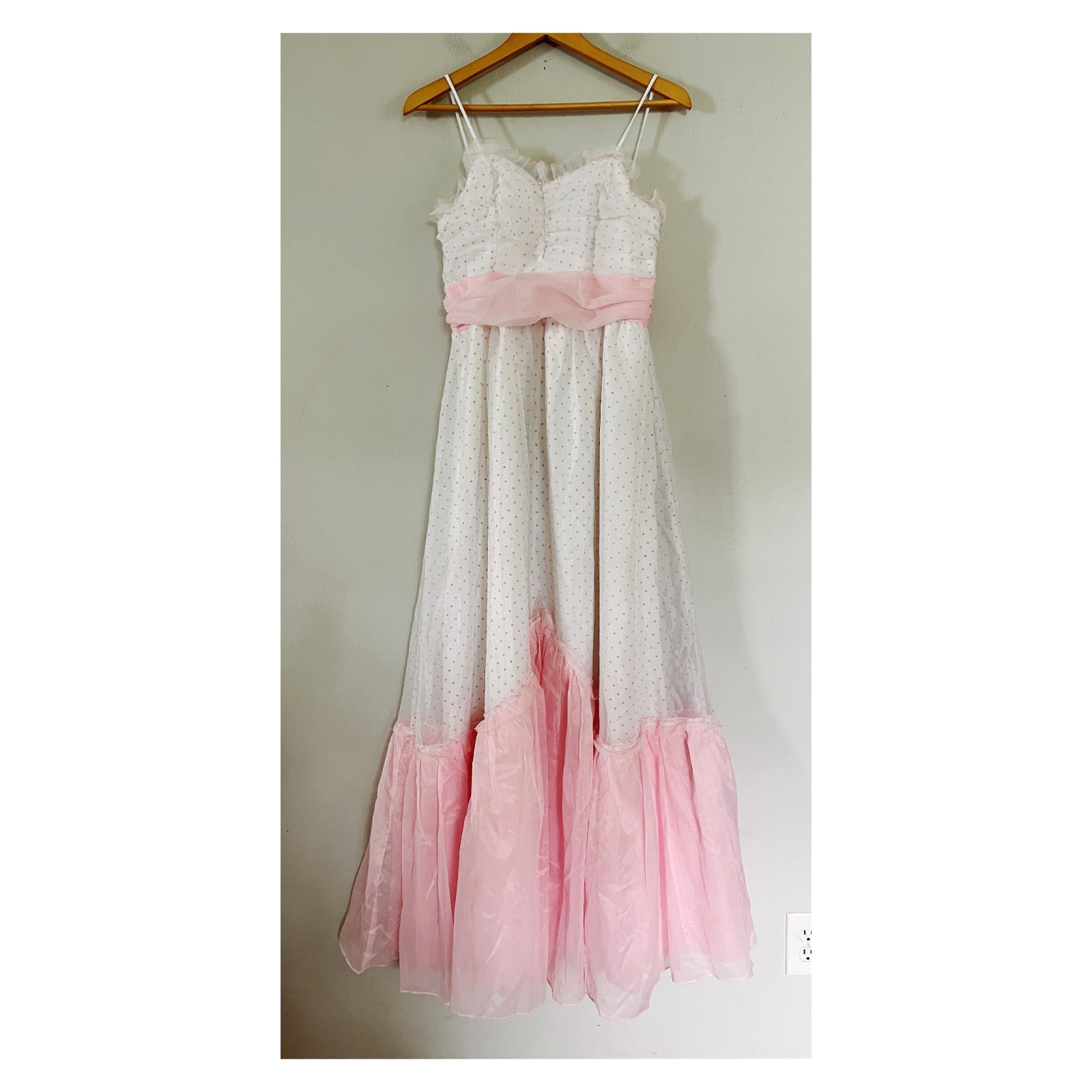 VTG 70s JC Penney Sz S Pink and White Swiss Dot Chiffon Maxi Dress Retro Prom