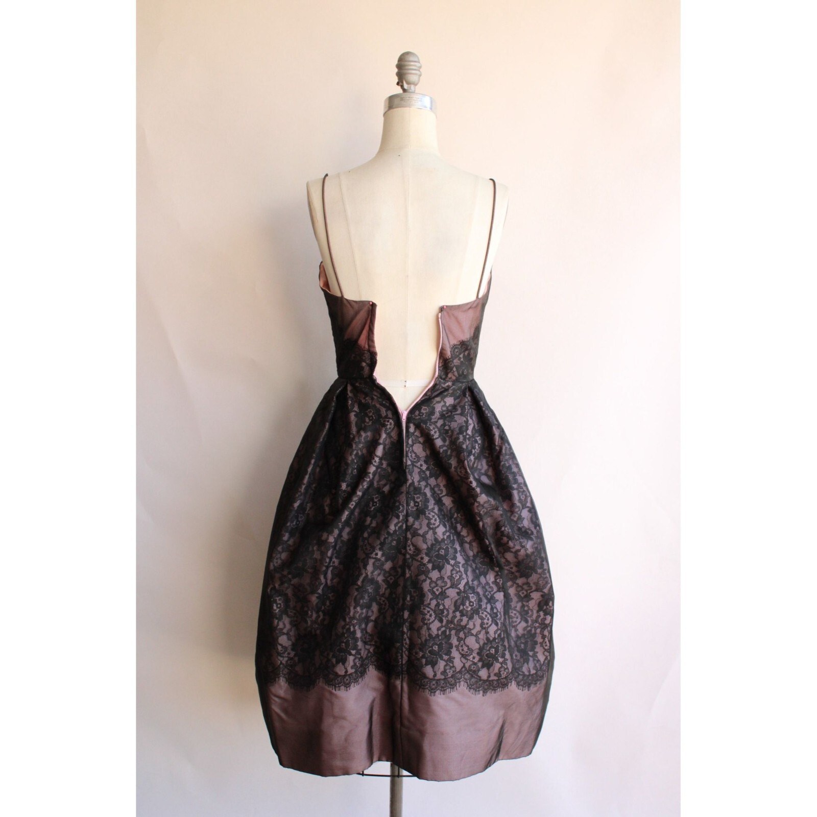 Vintage 1950s Dress, I Magnin Black and Pink Lace Fit and Flare, Extra Small