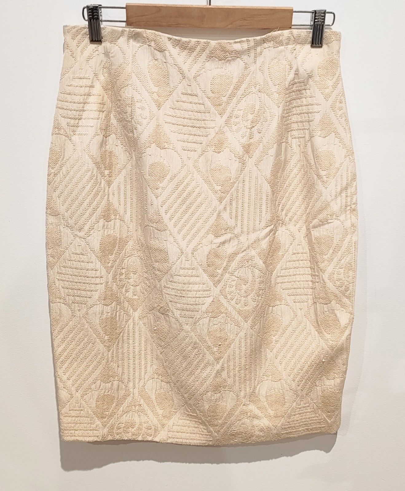 Anthea Crawford Vintage Silk Pencil Skirt Cream Patterned Texture AU 14 US 10