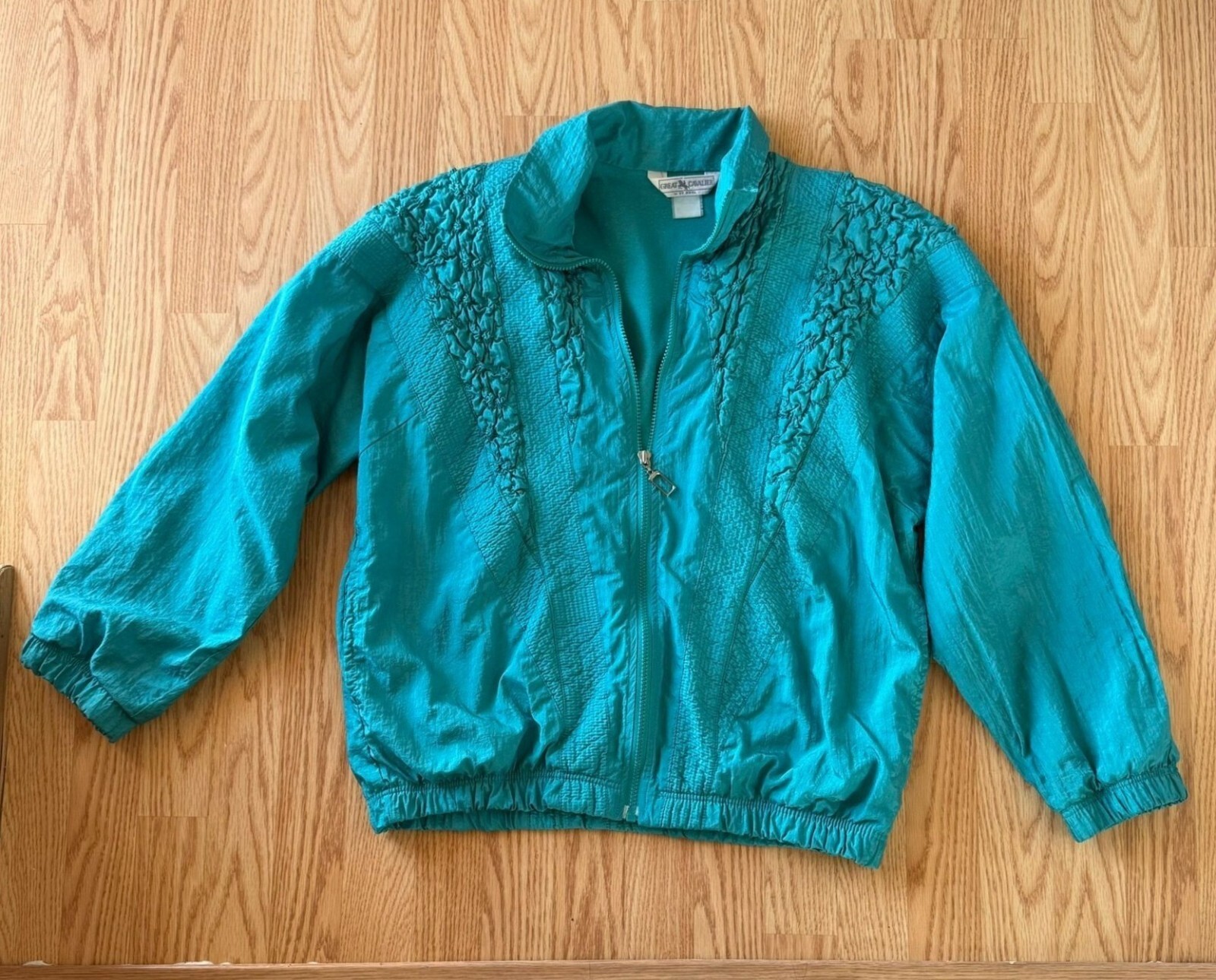 Vintage 1980s Teal Smocked Jacket Retro Sporty Chic Size L to XL
