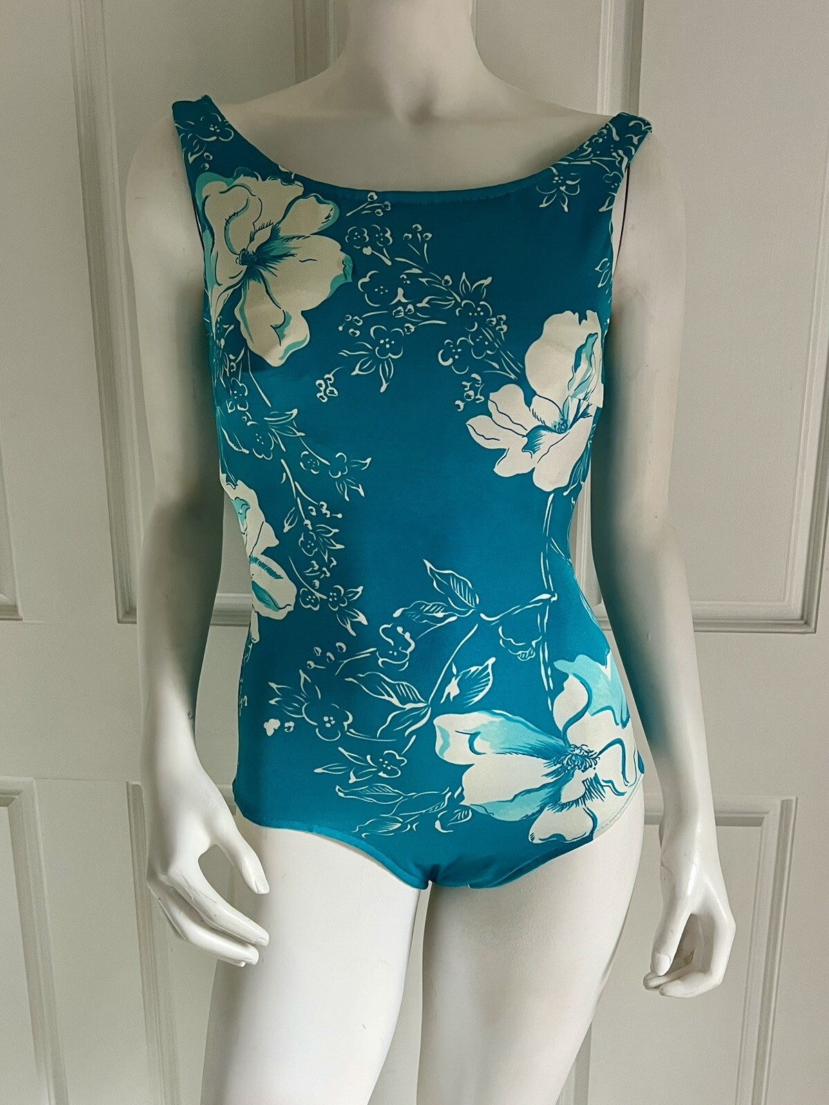 Vintage 1970’s Roxanne Turquoise Blue Hawaiian One Piece Swimsuit Sz 12 34 B