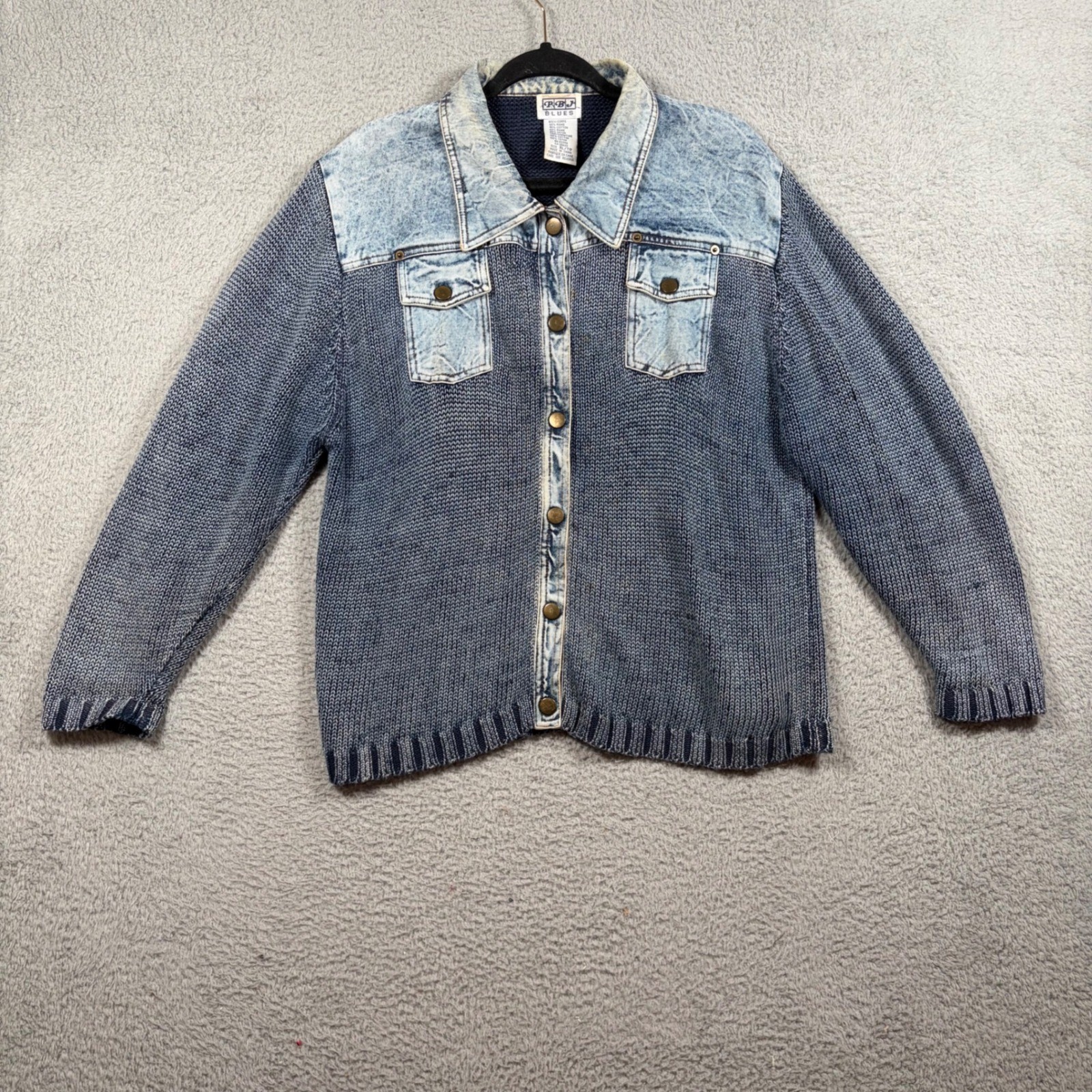 PBJ Blues Women XL Mix Knit Acid Wash Denim Blue Cardigan Sweater Jacket Vintage