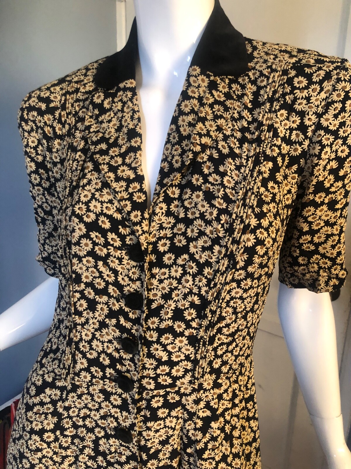 Vtg 90s 30s KAREN ALEXANDER Dress 4 S M Midi Rayon Mini DAISY FLORAL Cottagecore