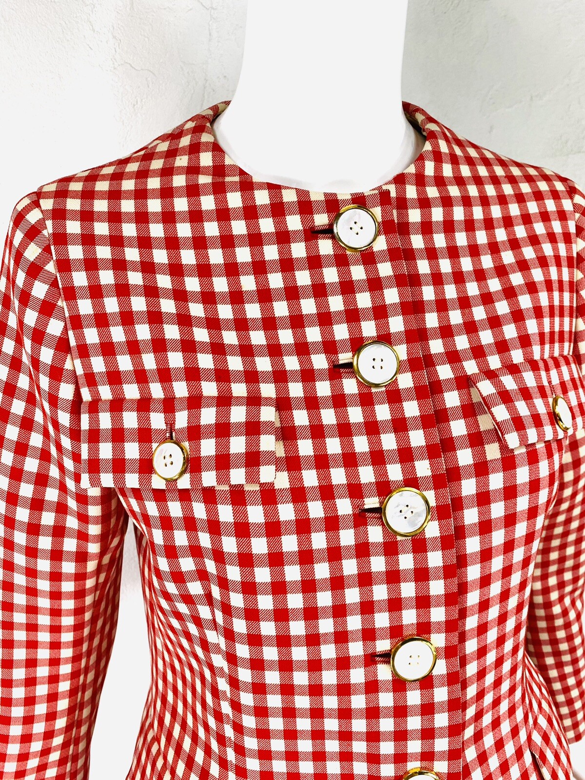 Met Museum Archive 1972 NORMAN NORELL Red Cream Gingham Skirt Jacket Suit M