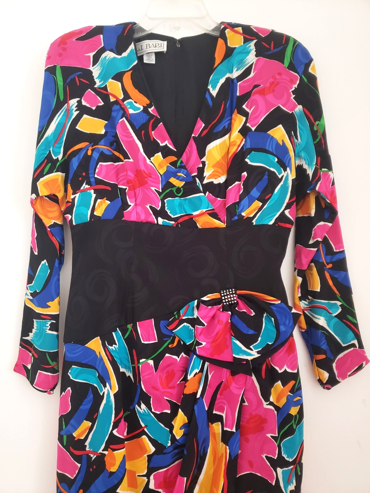 AJ BARI Silk Dress VTG 80s Art To Wear Cocktail Abstract Floral Surplice