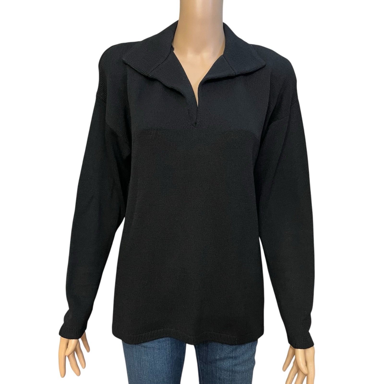 80s VTG St John Santana Knit Sweater Size 10 Pullover Collared Black Luxury