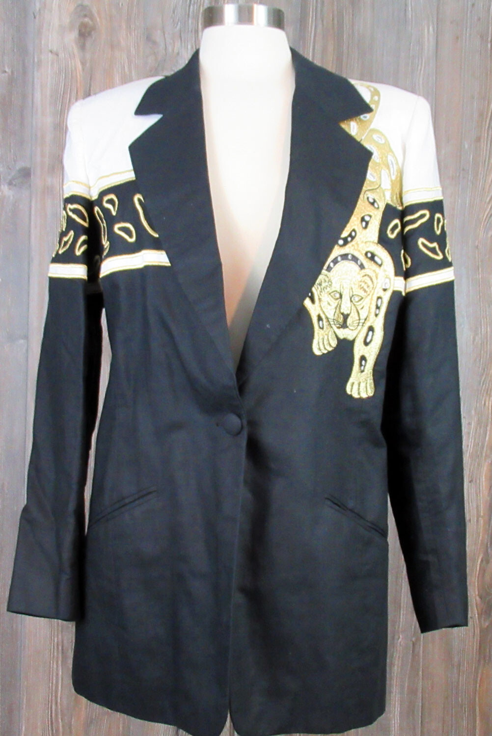 Vintage 1980s 90s long blazer funky gold leopard cat embroidery Lew Magram