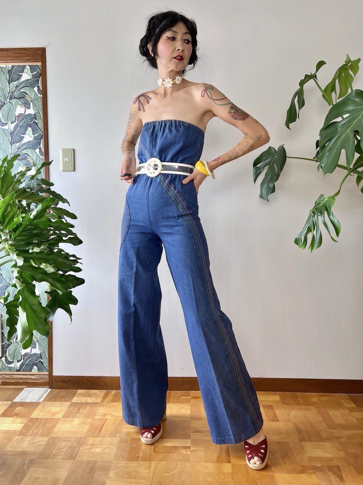 1970s Happy Legs Rainbow Chain Stitch Strapless Denim Jumpsuit Wide Leg XS/S