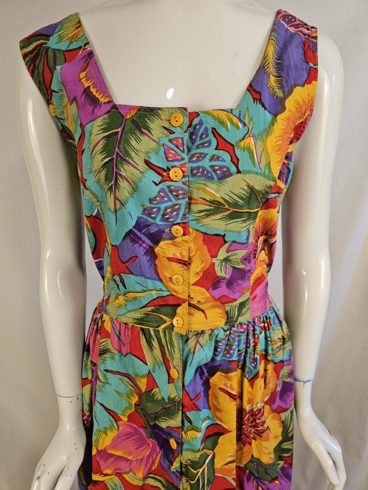 90s Vintage Dress Peek Hole Back Tropical Print Button Front Flare Pockets M