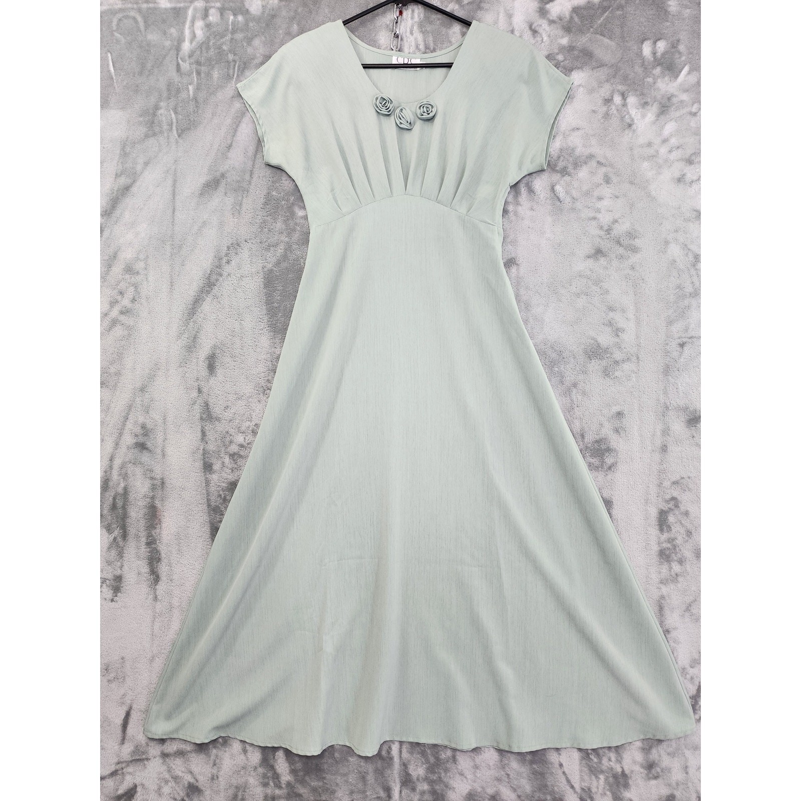 Vintage 90s CDC Dress Womens 4 Green Pleated Short Sleeve Empire Waist Midi Zip
