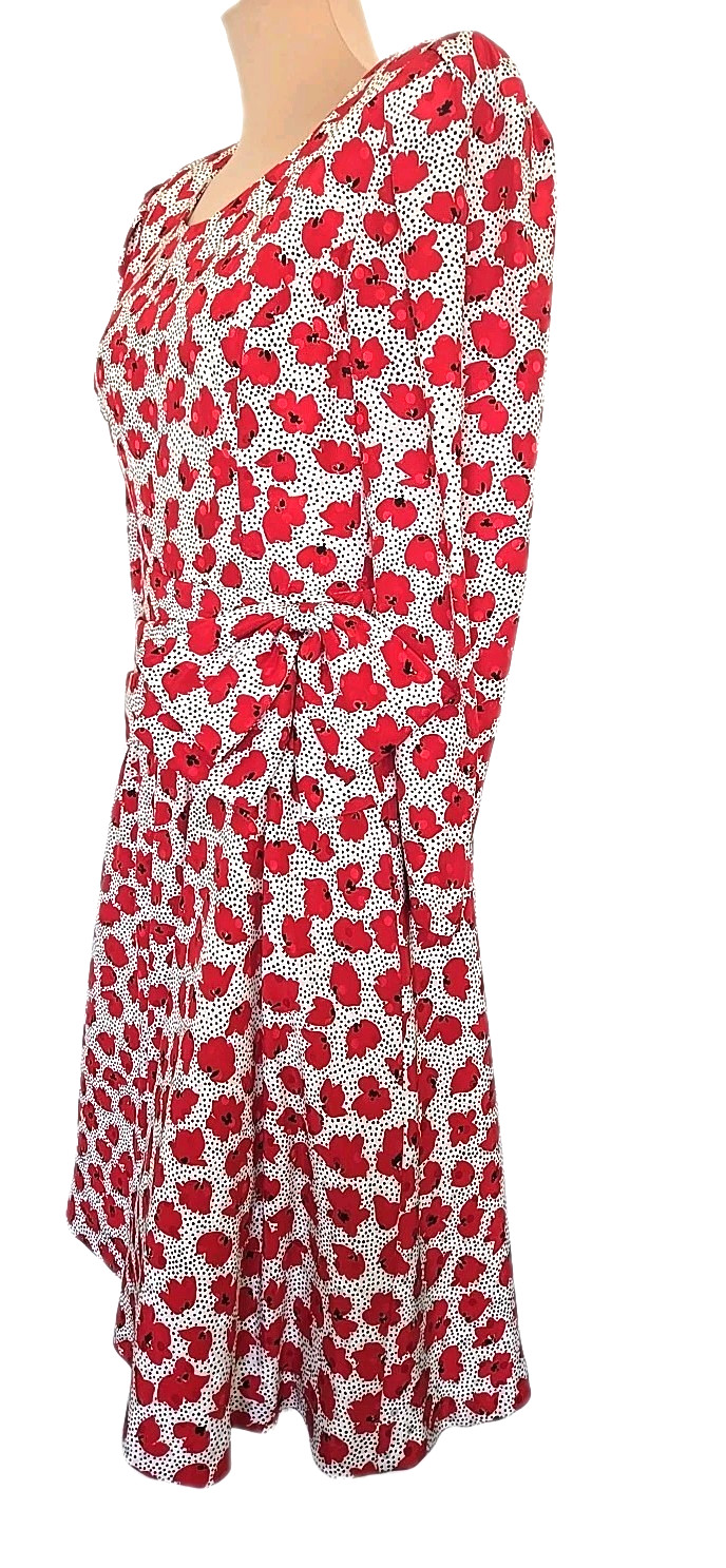 Vintage Hanae Mori Boutique side bow S Midi Dress Red White Black dots Floral