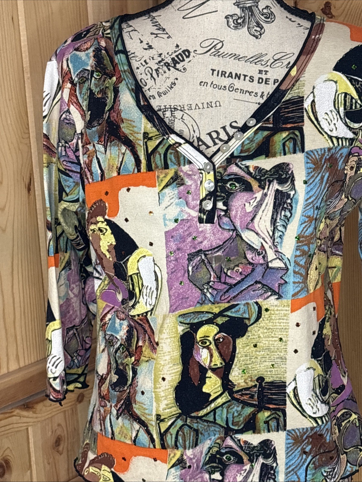 Vintage 90s Zashi Beaded Picasso Abstract Art Top Funky Art Wear Medium