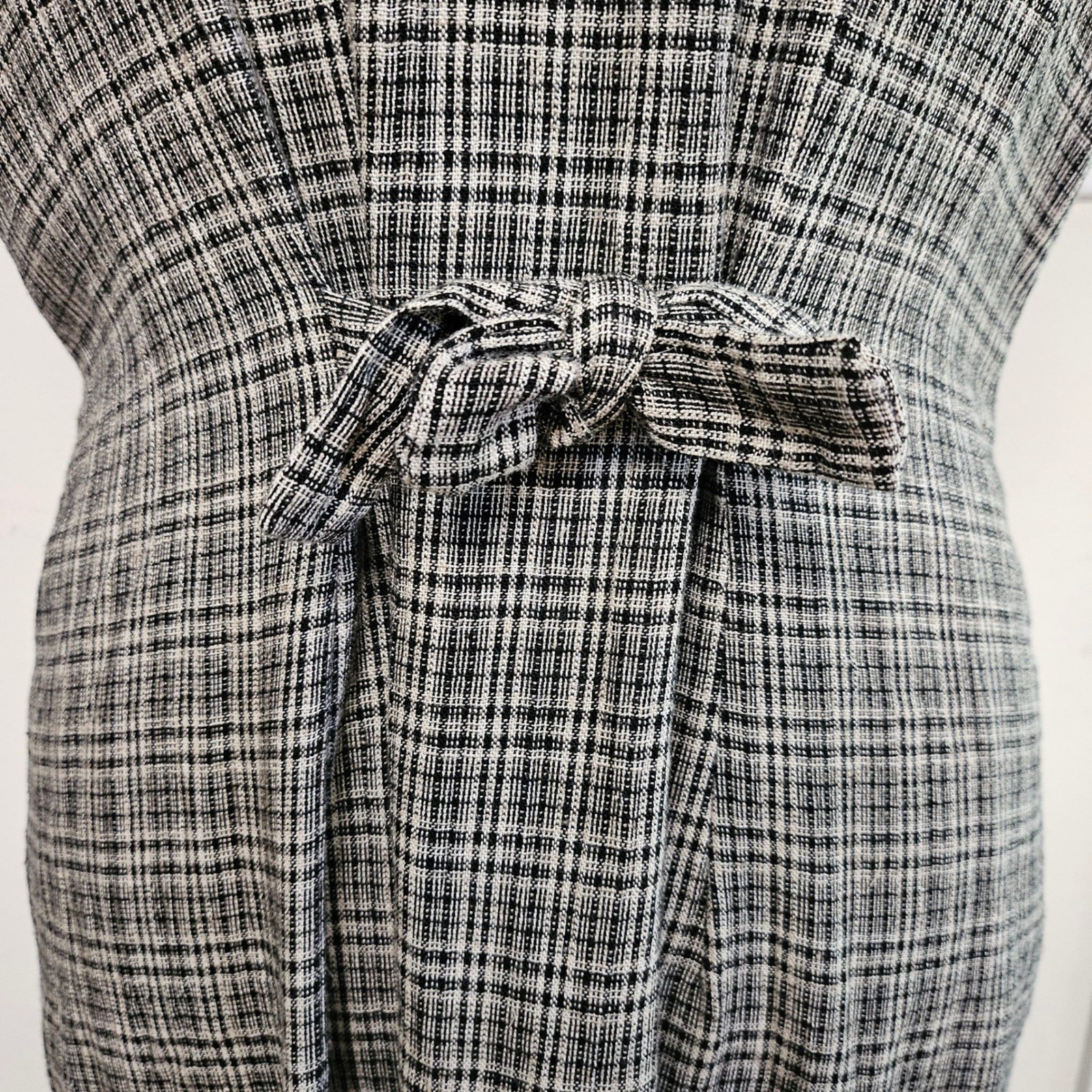 Vintage 80s Black Gray Plaid Button Front Tie-Back Dress Size 14 Preppy Academia