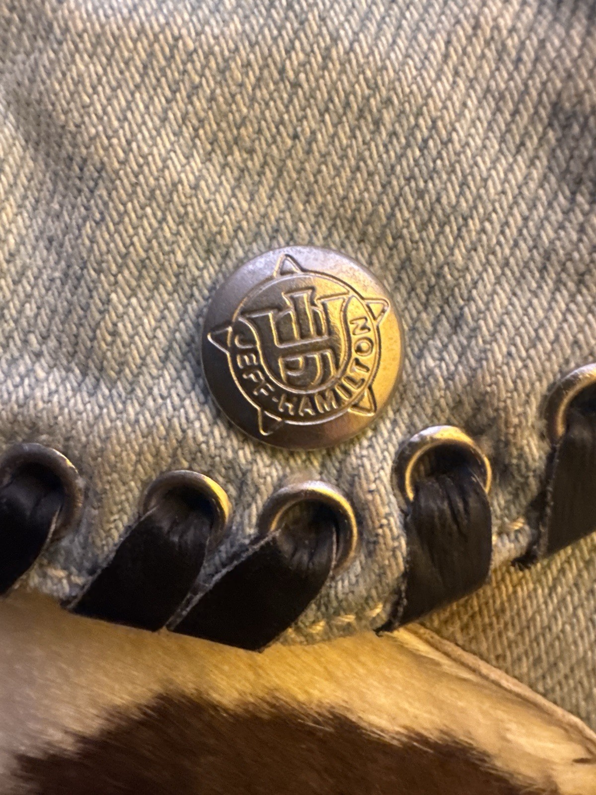 vintage Jeff Hamilton distressed denim and cowhide leather zip-up bomber