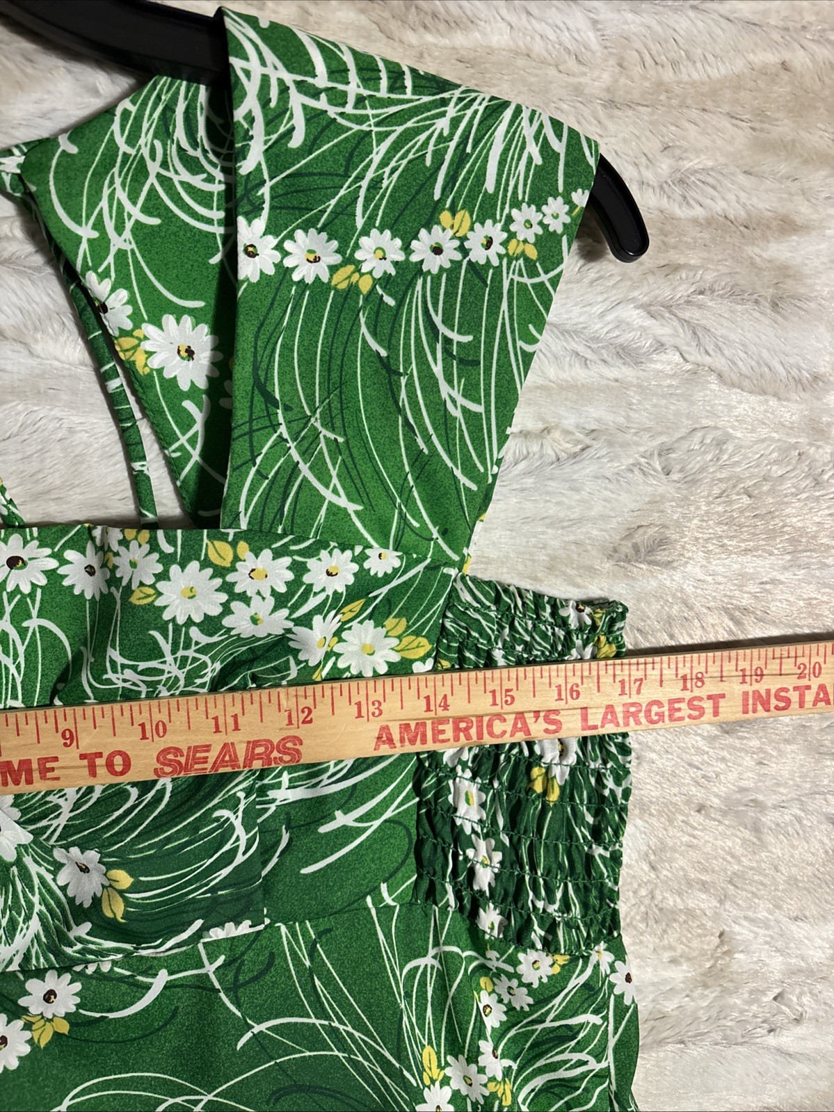 1960’s Ui-Maikai Hawaiian Green White Yellow Floral Hostess Dress Luau Smocked 8