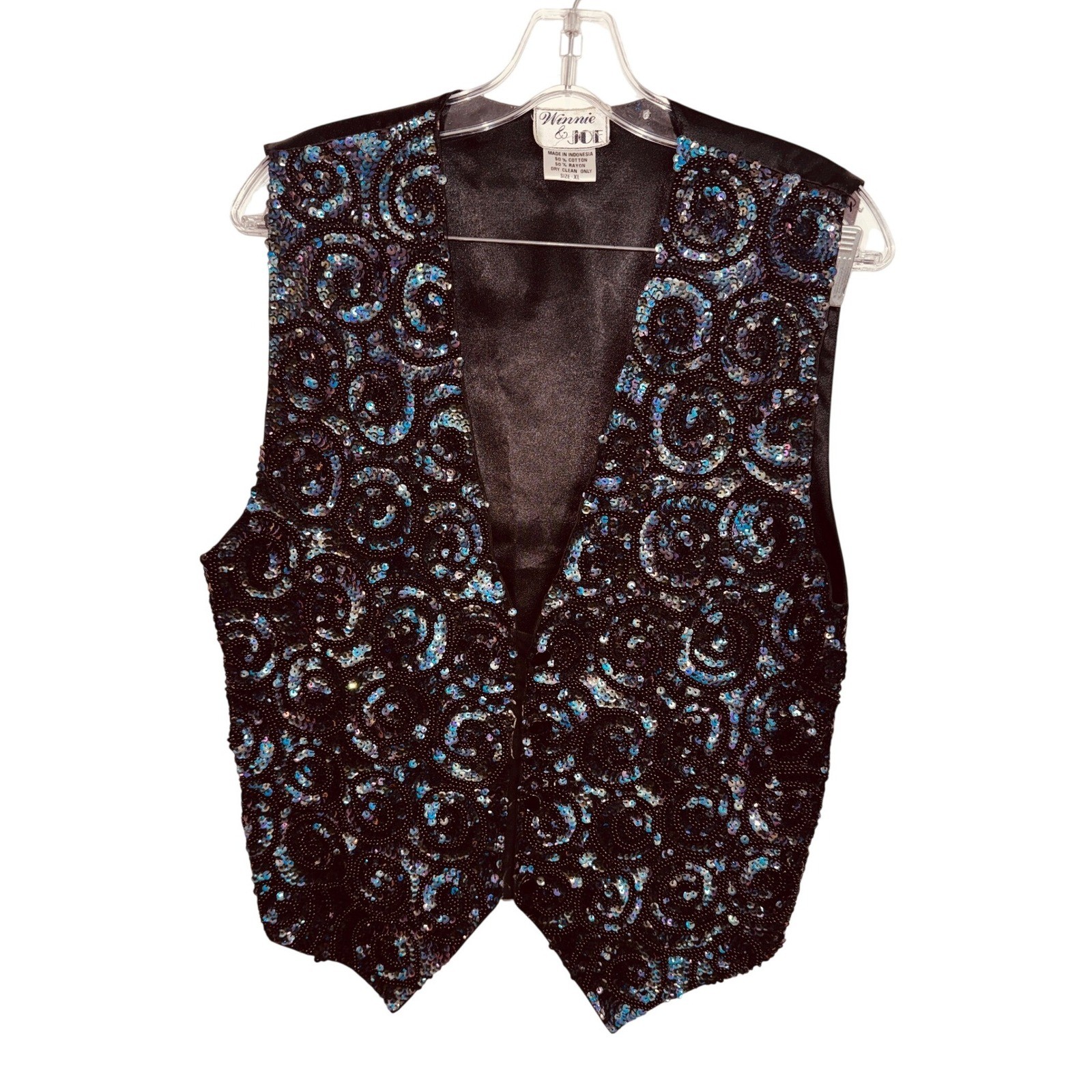 Vintage Beaded Sequin Vest XL Black Iridescent Blue Swirl Glam Disco Y2k Retro