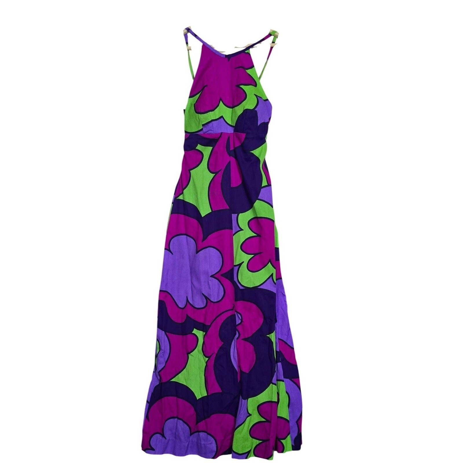 VTG BARKCLOTH Otahexte Lahaina Maxi Dress Purple Green Psychedelic Floral 60/70s
