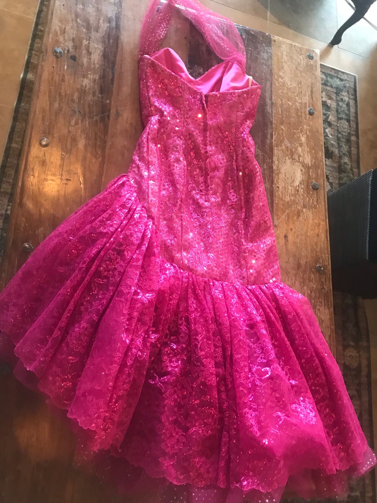 VTG 1991 Hot Pink Barbie Dress LORALIE slanted hem glitter sequin statement