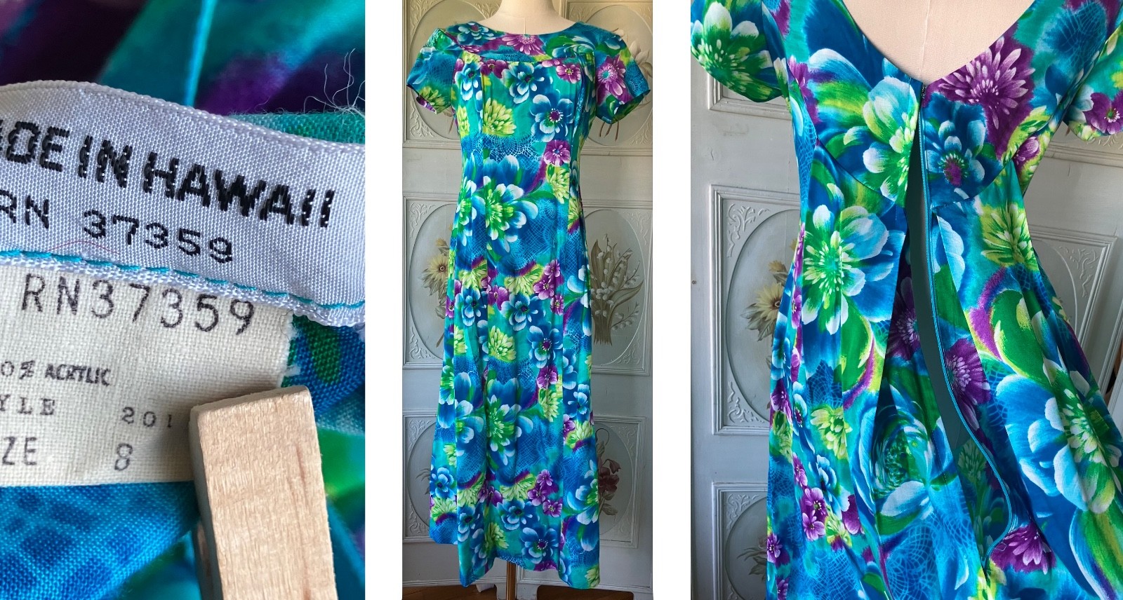 VTG 60s HAWAII USA ALOHA MUUMUU MAXI DRESS TURQUOISE PURPLE LIME GREEN EUC 8