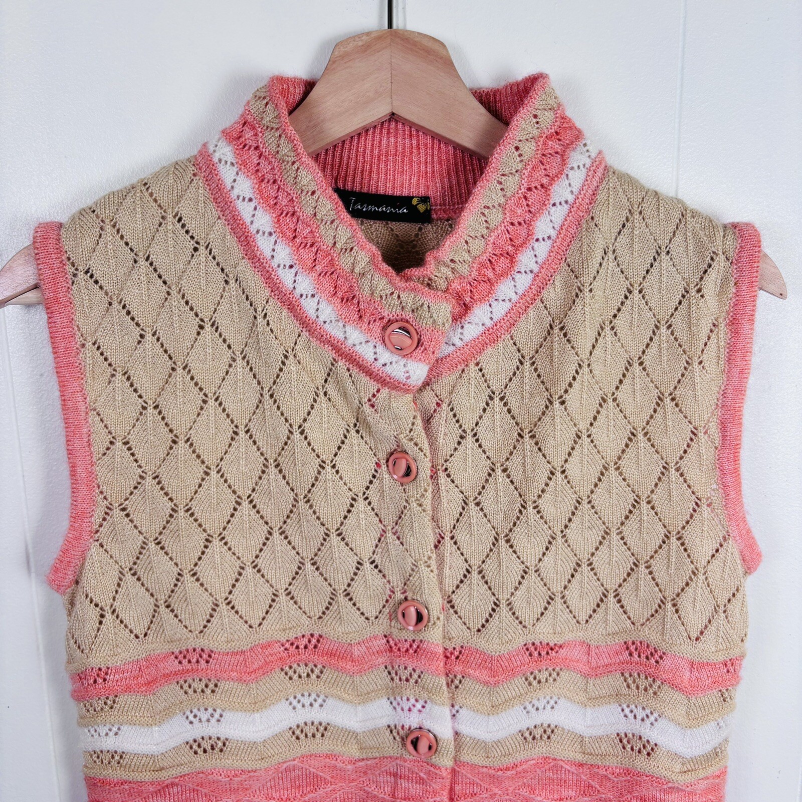 Vintage 70s Size Small Crochet Knit Button Down Tunic Length Cardigan Peach Tan