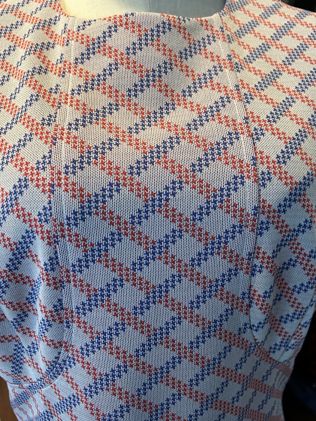 Mod Print Hand Made L Polyester Dress 1960’s Blue Red White Plaid Vtg