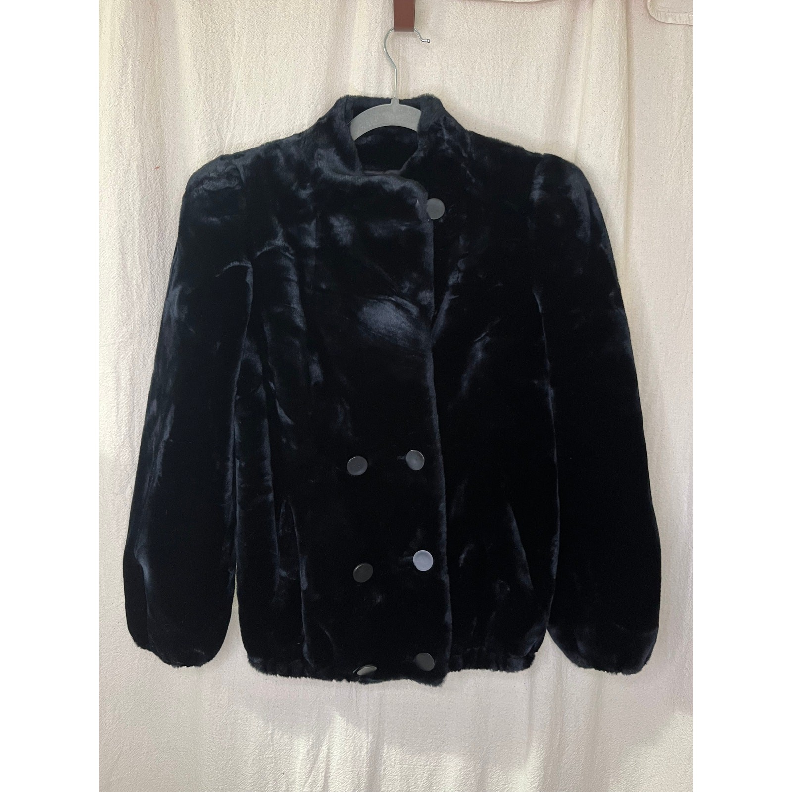 1980s Sasson Juniors Black Faux Fur Glam Regency Old Hollywood Mob Wife Jacket S