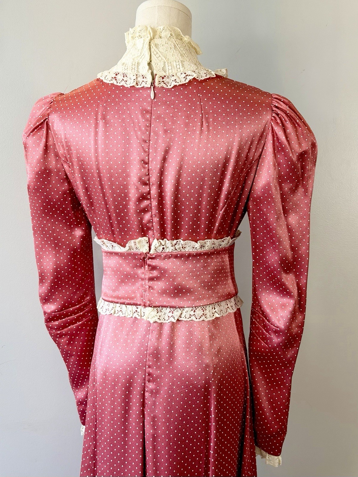 Vintage 1970s Prairie Dress Pink Dot Cottagecore 70s Elegant Edwardian Medium