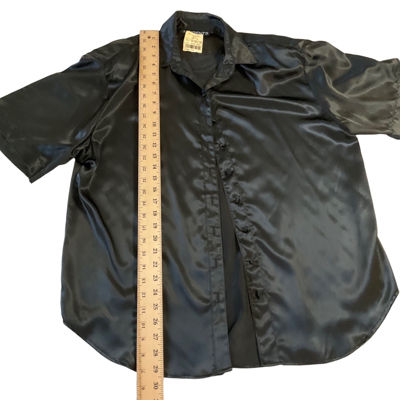 NWT Tangents Black Satin Dressy Silky Collared Short Sleeve Blouse Shirt Size 10