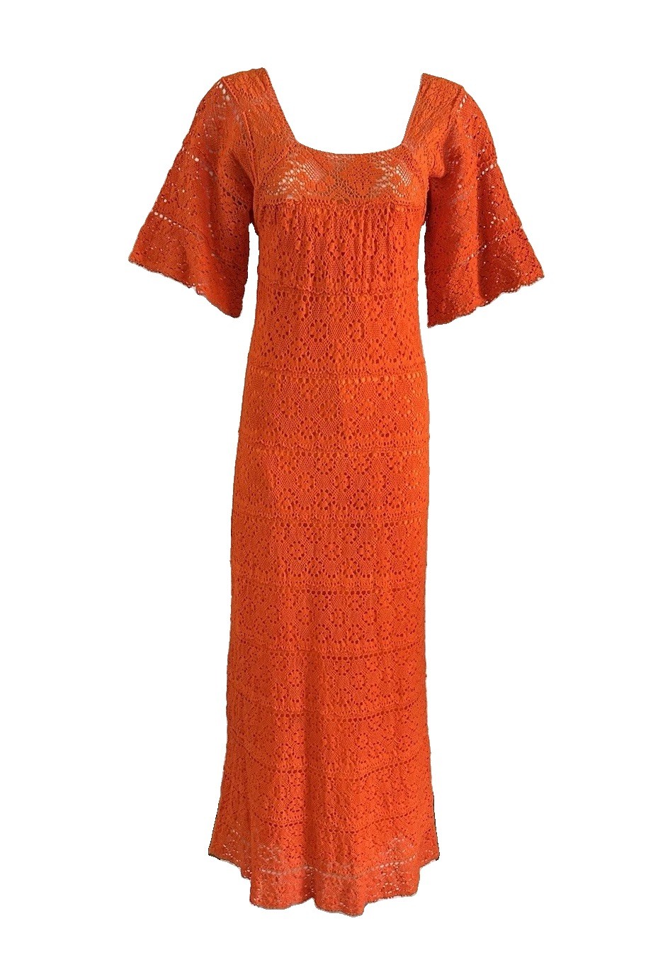 1970s Mexican Crochet Lace Maxi Dress Orange Cotton Boho Huipil XS S Vintage