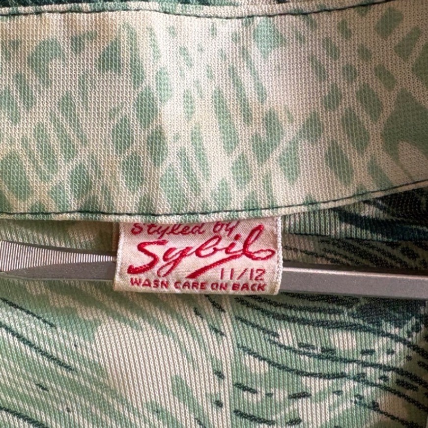Vintage 70s Green Tropical Feather Print Button Down Shirt Small 11/12