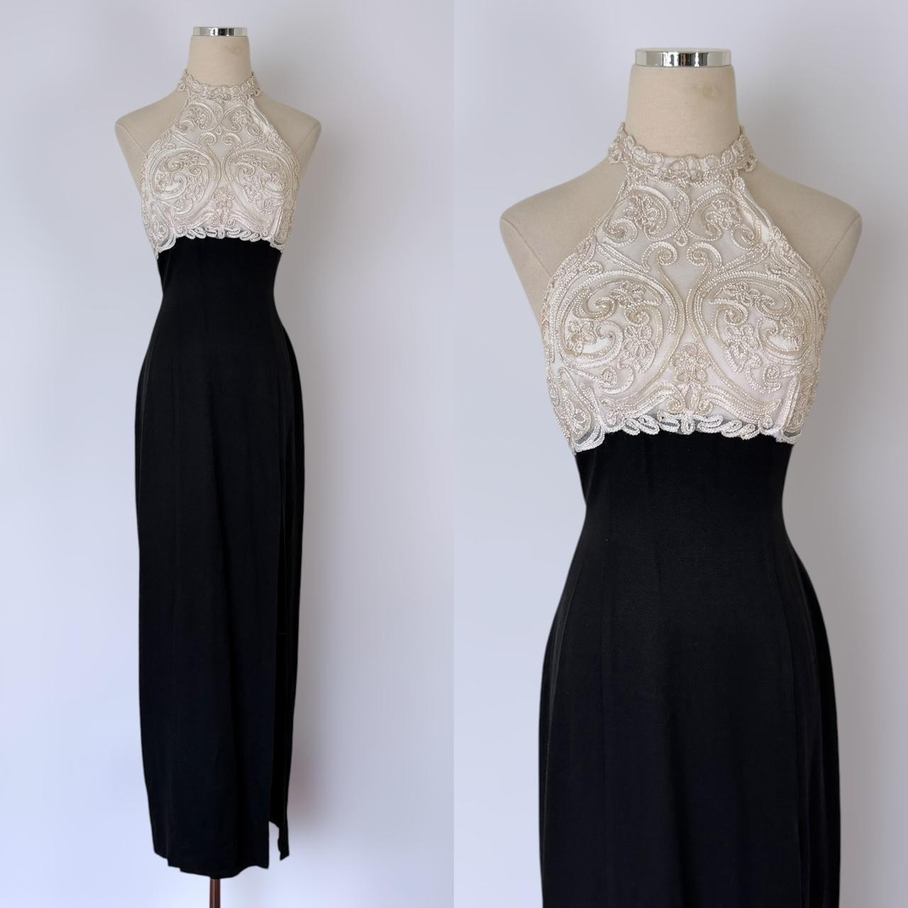 Vintage 90s Zum Zum Black & White Beaded High Neck Halter Prom Formal Dress