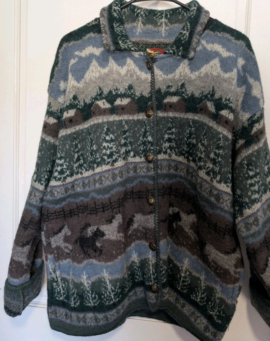 Vintage Alps 100% Wool Cardigan Sweater Women’s XL Mountain Scene Horse Cabin