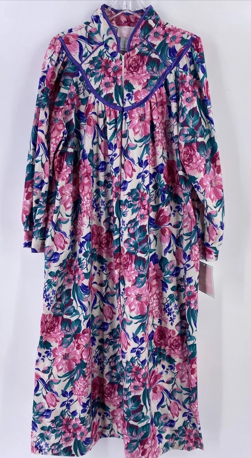 Vintage Just For Women 1X 18W 20W Robe White Pink Purple Floral Pockets NOS