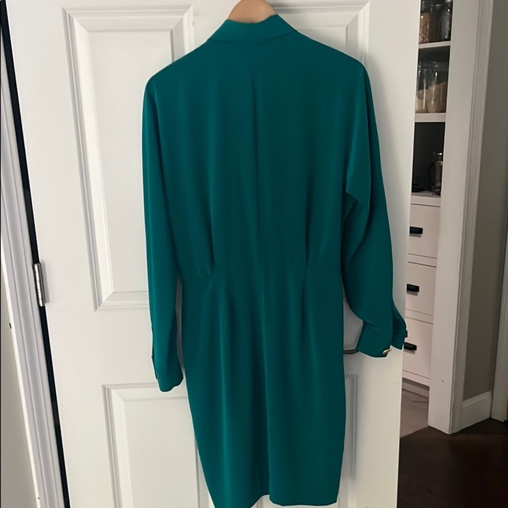 Vintage Jones NY pleated wrap style dress size 10 emerald green