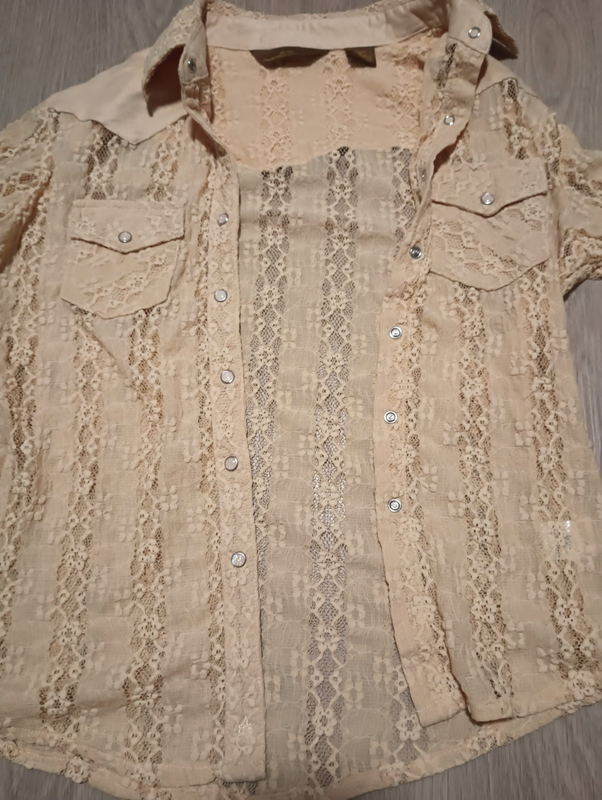 Vtg 90s AVRA Wrangler Sheer Lace Mother of Pearl Snap Button Western Shirt Top S